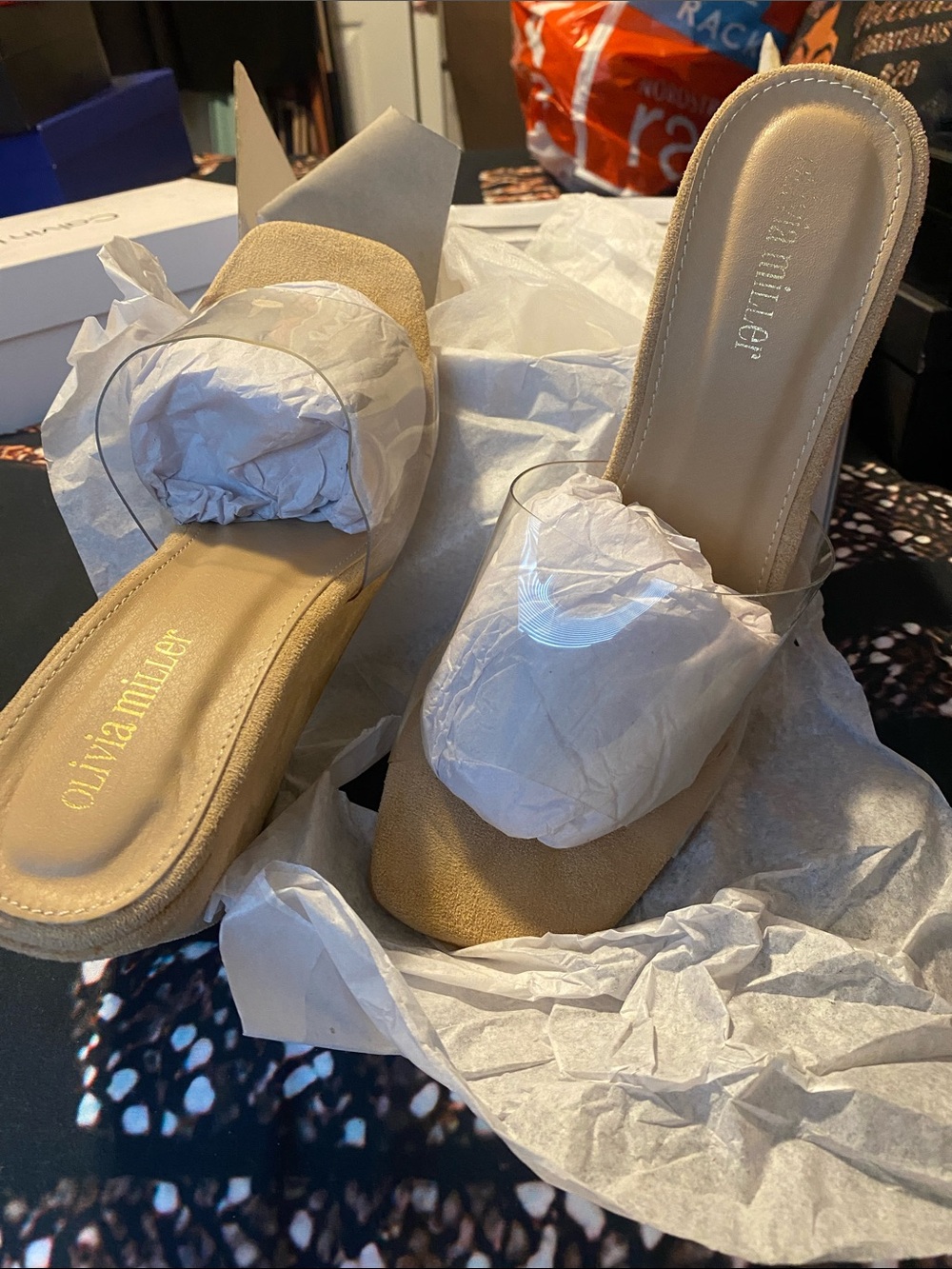Olivia Miller Beige/Tan Slide Mules with Clear Vinyl Band